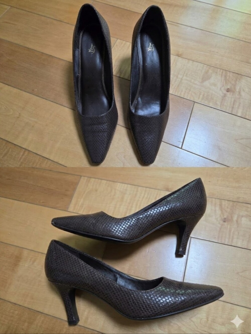 Angeline Brown Snakeskin Pointed Toe Heels Pumps 9.5 Y2K Quiet Luxury